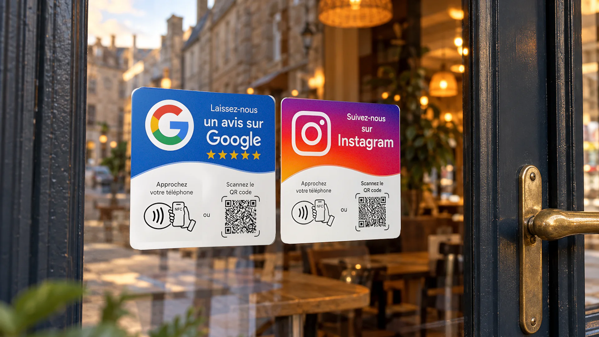 Les deux plaques NFC, collées sur la porte d'un magasin